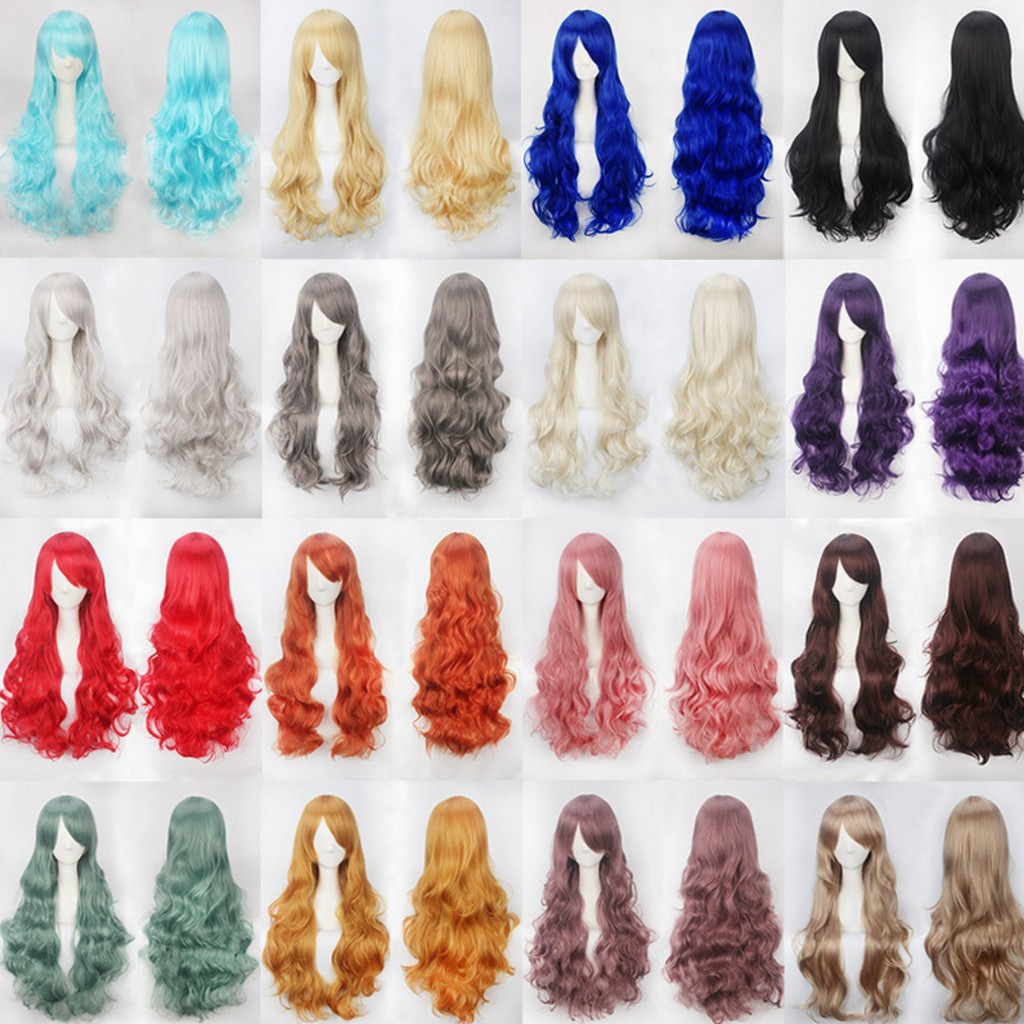 K027 wig base wavy 80 cm curly wanita cosplay rambut palsu daily lolita gelombang hitam putih abu