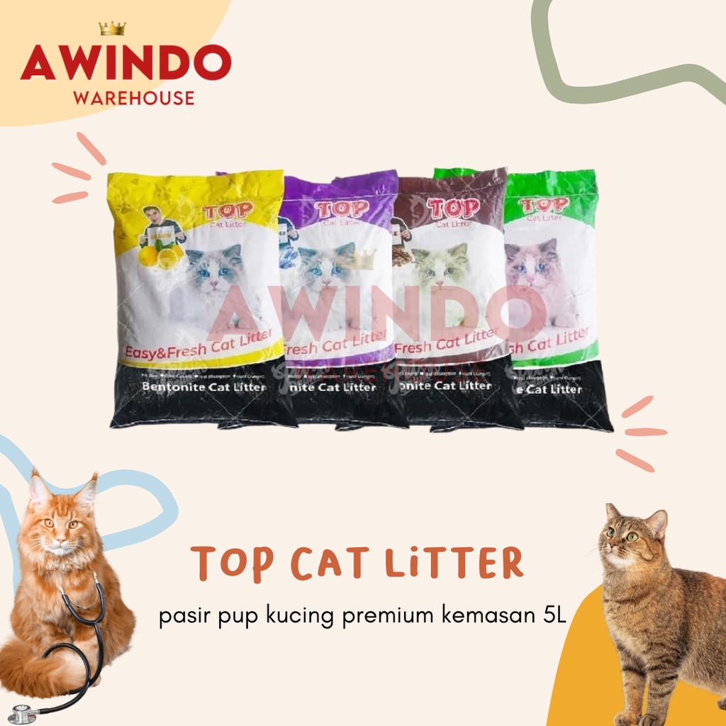 PASIR KUCING TOP 5 LITER - Pasir Kucing Gumpal Wangi Top Bentonite Cat Litter 5LT 5LITER