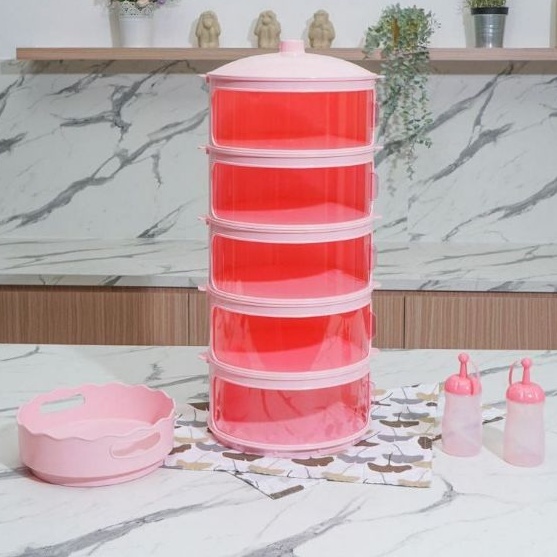 Tudung Saji Susun 5 Technoplast Dishes Keeper Set 5 Stack Warna Pink