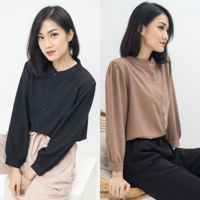 Reva Blouse Crinkle - Kemeja Blouse - Kemeja polos - Atasan Wanita - Oneck  Longsleeve  - Kerah Shanghai