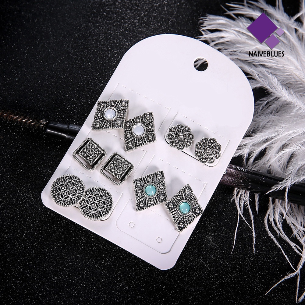 Naiveblue 5 Pasang Anting Tusuk Gantung Desain Geometri Hollow Hias Berlian Imitasi Gaya Bohemia Untuk Wanita