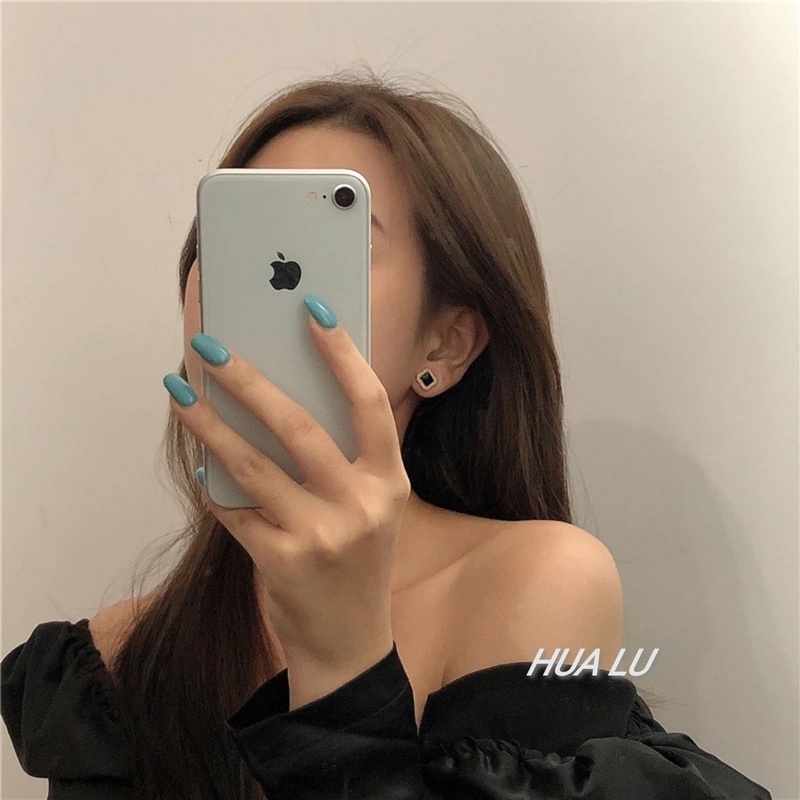 S925 Silver Black Square Pearl Earrings Women Girls Ear Studs Korean Fashion