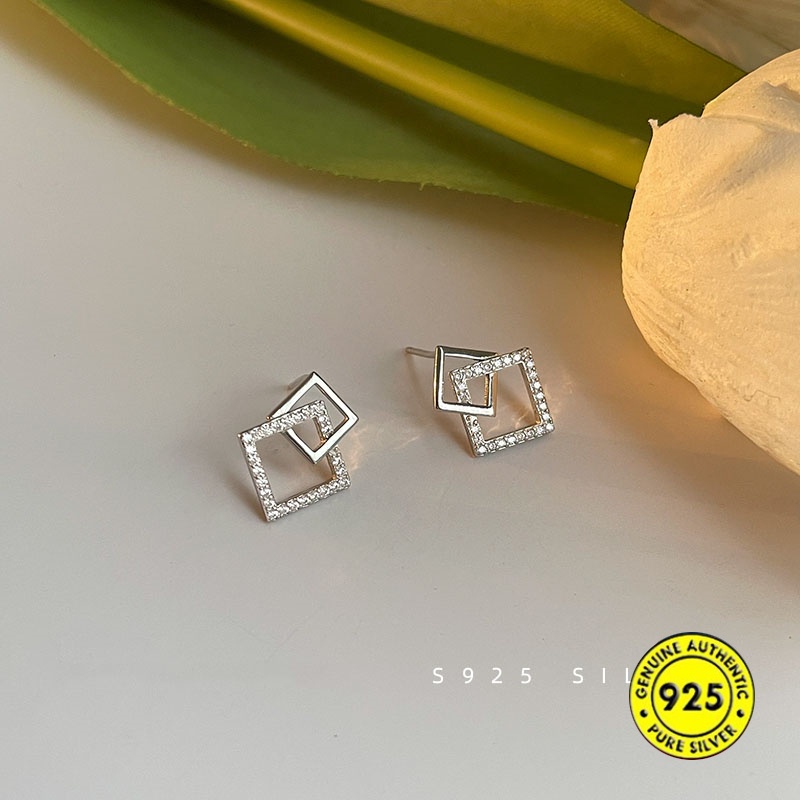 Anting Berlian Imitasi Bentuk Persegi Geometris Untuk Wanita