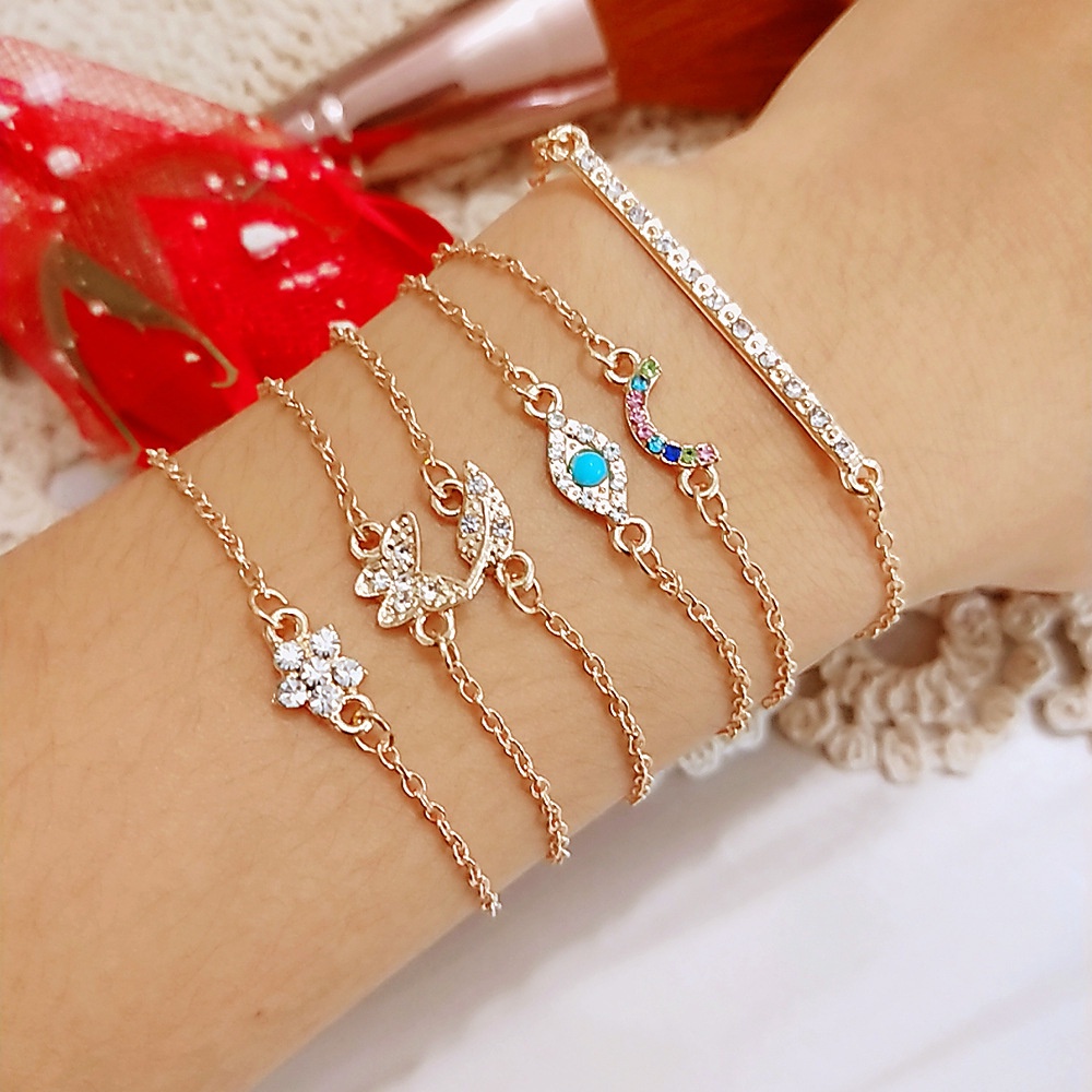 (Xijing3.My) 6pcs / Set Gelang Rantai Pendan Kupu-Kupu / Bunga Hias Berlian Imitasi Gaya Retro Untuk Wanita