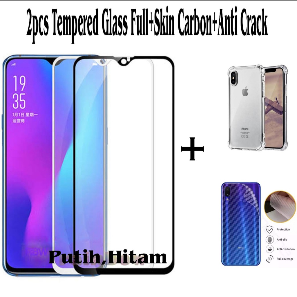 [PAKET PROMO] 2pcs Tempered Glass Full Oppo A3S / A5S / A37 + Skin Carbon + Anti Crack