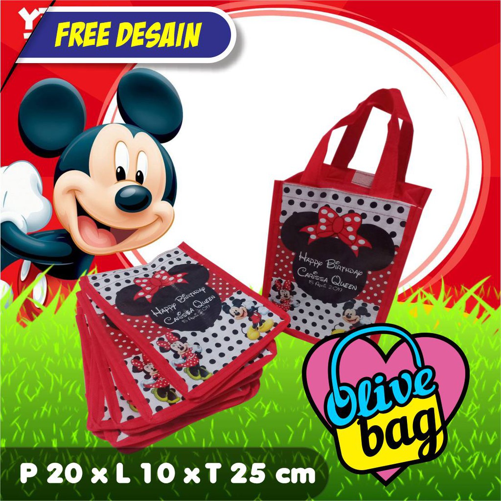 

Goodie Bag Custom Tas Souvenir Tangan Ulang Tahun Ultah Promosi Mickey Mouse Ukuran 20x10x25cm