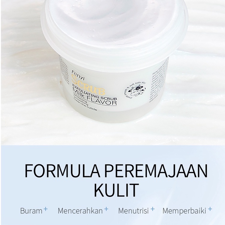 BPOM Fenyi Milk Body Scrub Eksfoliasi Lengan dan Kaki Krim Mencerahkan Menutrisi Membersihkan dengan Lembut 100g