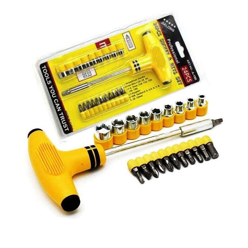 Obeng T Stainless / Obeng Set Socket &amp; Bits Set | Obeng Dan Kunci Shock 24 Pcs