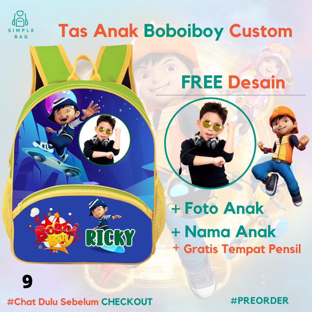 Tas Boboiboy Seri 09 Tas Anak Laki Laki Tas Sekolah Tas Custom Foto dan Nama Anak