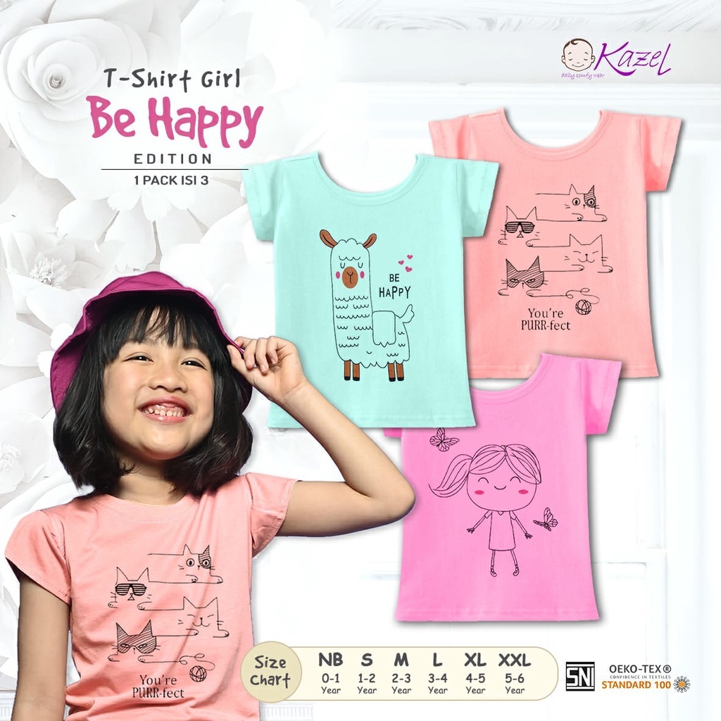 Kazel Tshirt Be Happy Girl Edition Kaos Anak Perempuan Isi 3 Pcs