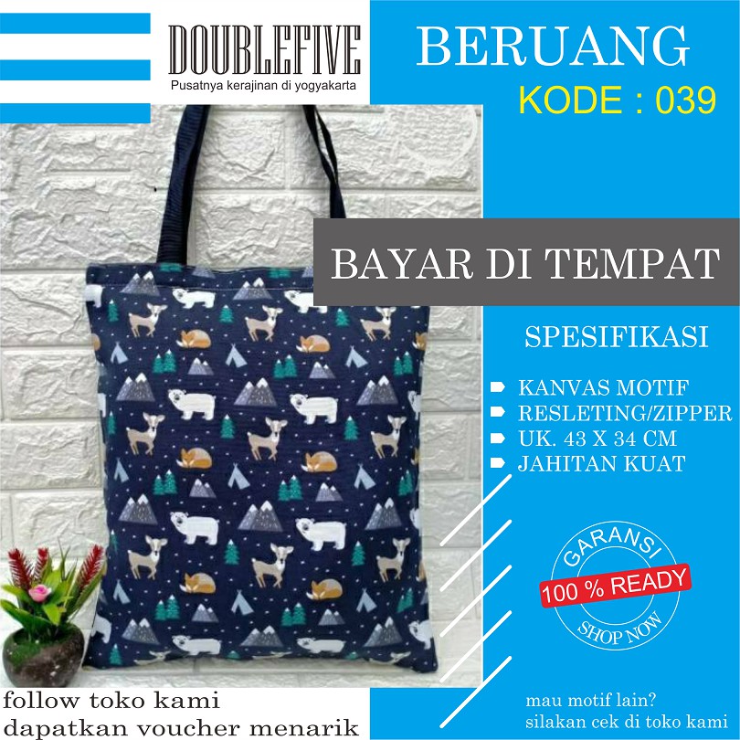 TOTE BAG WANITA TOTEBAG PRIA CANVAS MOTIF GOOD QUALITY WITH RESLETING KODE - 039