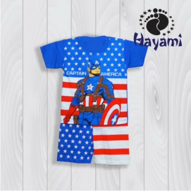 Setelan Baju Kaos Kostum Captain America Anak Laki Laki Umur 1 - 11 Tahun Gratis Topeng Led