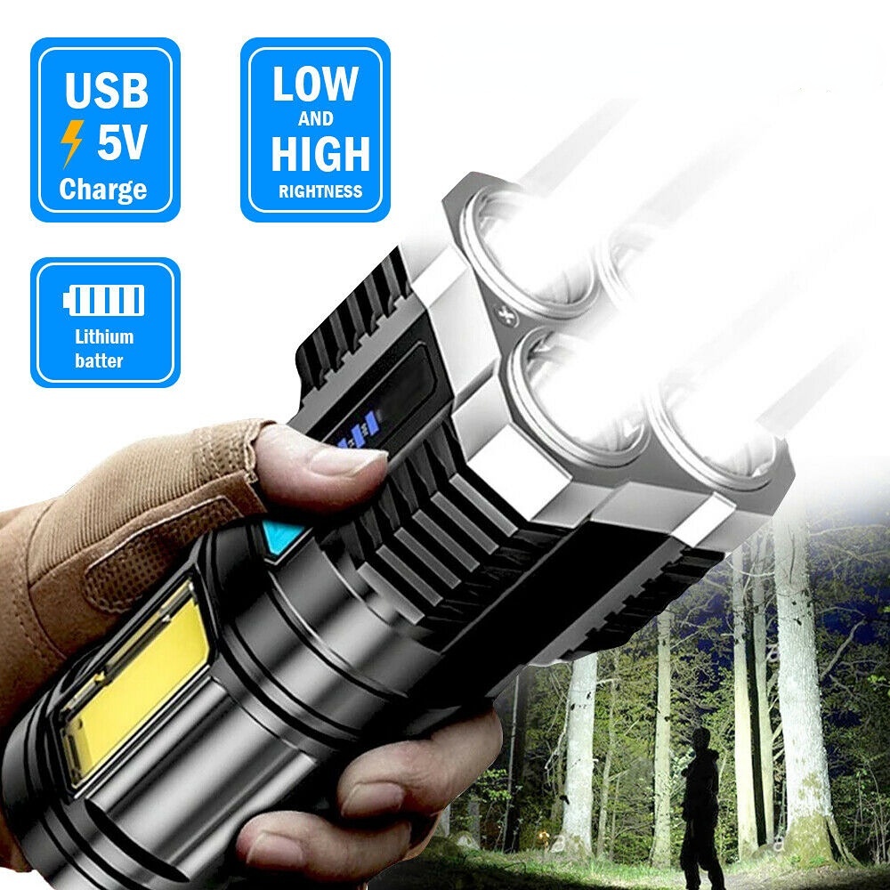Lampu Senter 4-led Cob Genggam Portable Bahan ABS Anti Air Charge USB Untuk Outdoor / Camping / Hiking