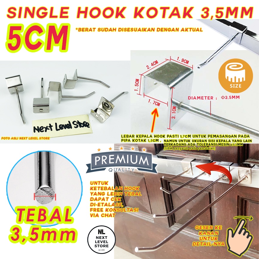 Single Hook Kotak Stainless 5 cm 5cm Cantolan Besi Tebal 3,5mm Ram Rak - LINK GROSIR