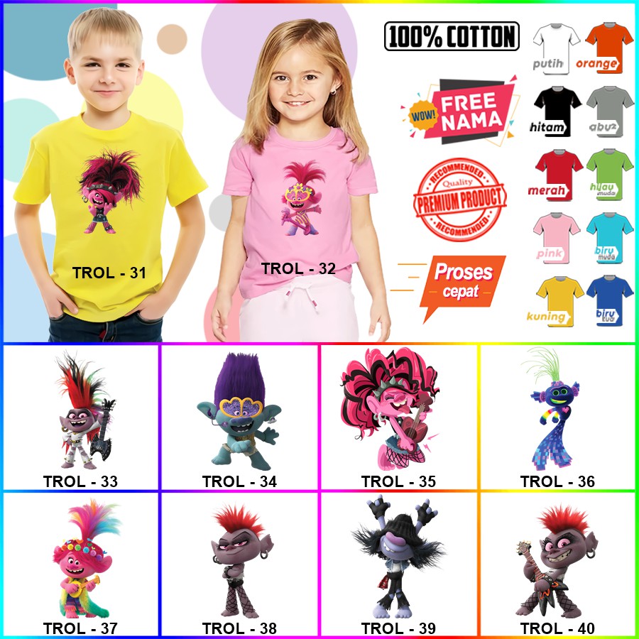 Baju Kaos ANAK DAN DEWASA TROLLS COUPLE (FREE NAMA)