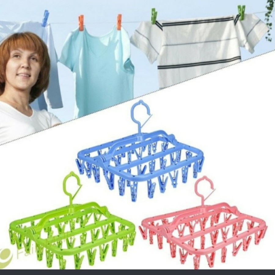 Serbagrosirmurah Hanger 32 jepit gantungan jemuran baju kaos kaki serbaguna laundry set