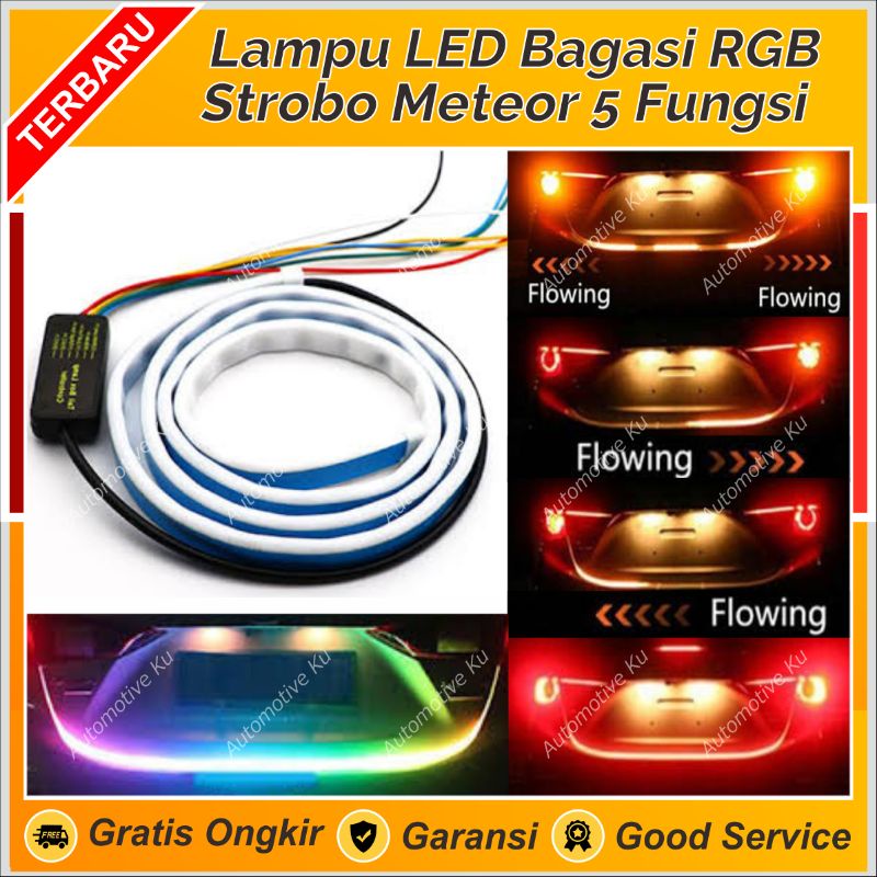 LAMPU LED BAGASI BELAKANG MOBIL STROB0 METEOR 5 FUNGSI 120CM 12V: KOTA RAINBOW RGB PELANGI, REM KEDI