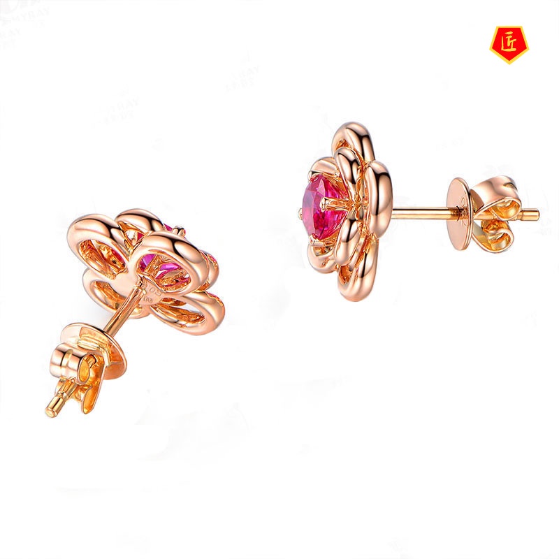 [Ready Stock]Ruby Flower Stud Earrings 18K Rose Gold