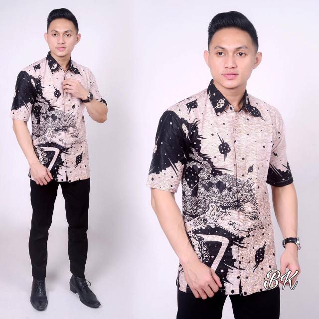 BSWART Batik HRB026 Kenongo Hem Pendek Padi Pekalongan M L XL Batik Pria MURAH Modern Grosir