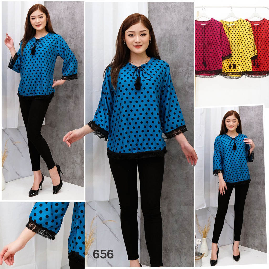 JakartaFashion - blouse rumbai polka besar bahan katun rayon adem tali jambul dada bohemian