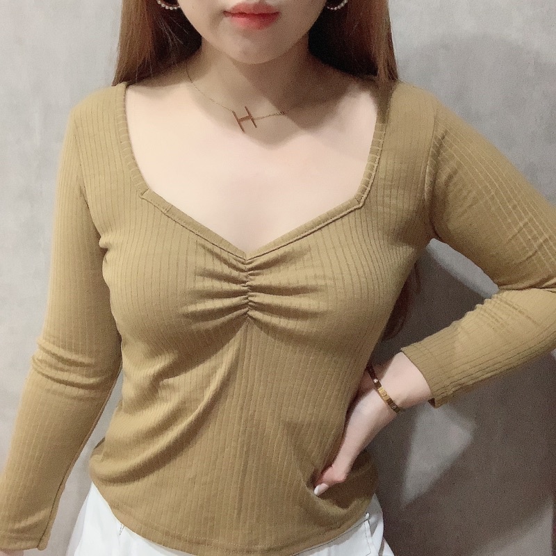 Knit Long Sleeve Vneck Blouse | Atasan Lengan Panjang Wanita | Maimon Grosir