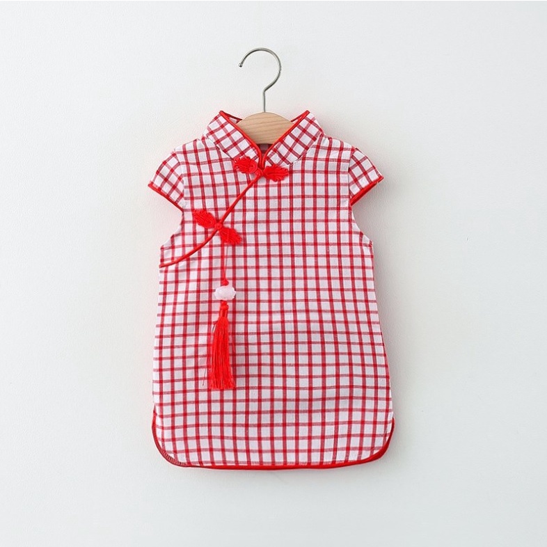 D210- Dress cheongsam anak /baju dress bayi /pakaian bayi anak cheongsam motif kotak2 cocok untuk imlek