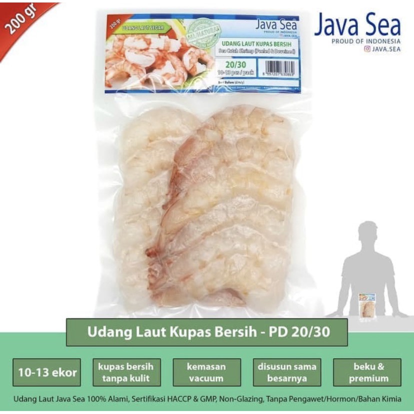 

JAVA SEA Udang Laut Beku Kupas Bersih 20/30 pack 200gr isi 10-13 ekor