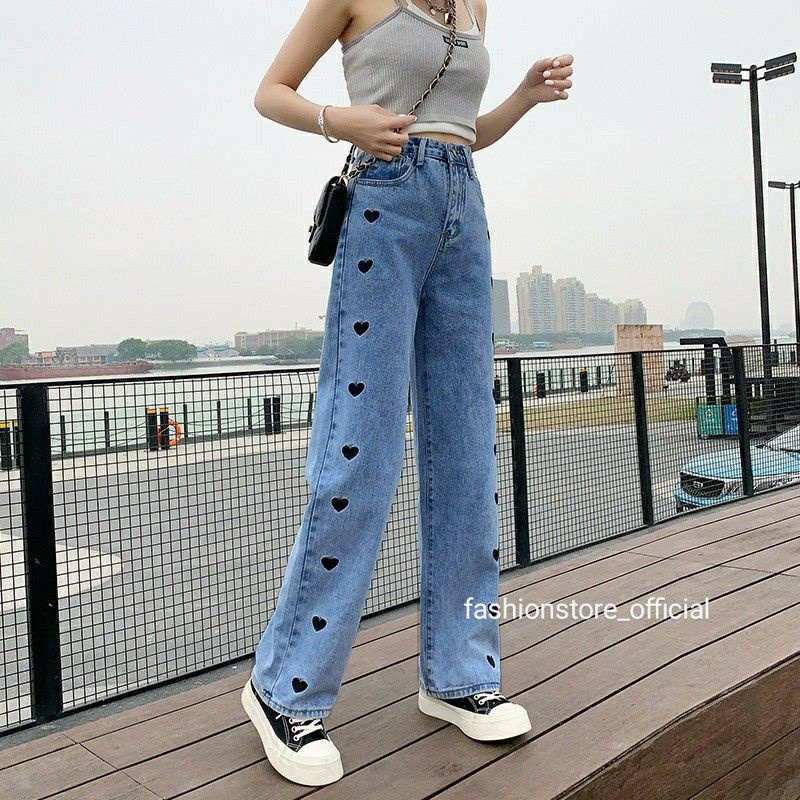 Celana Kulot Jeans Highwaist Wanita BF Jeans Bordir Love Mahikaa Boyfriend Kulot Jeans Korea Celana 