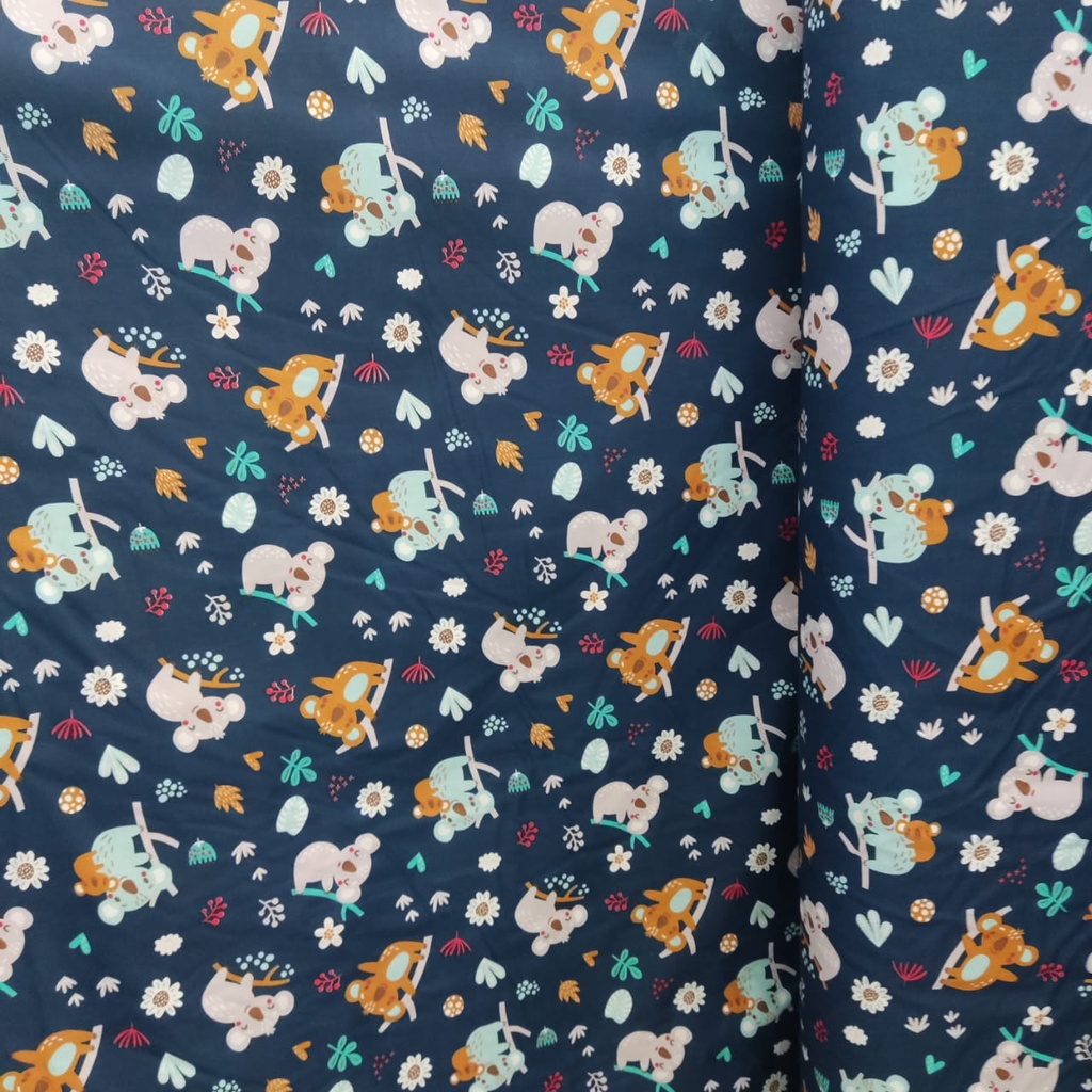 KAINKU - Kain Meteran Katun Lokal CVC motif anak koala navy &amp; jet putih (harga 1 meter)