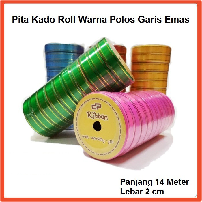 

Pita Kado Roll Aneka Warna Polos Garis Emas Lebar 2cm Panjang 14 Meter