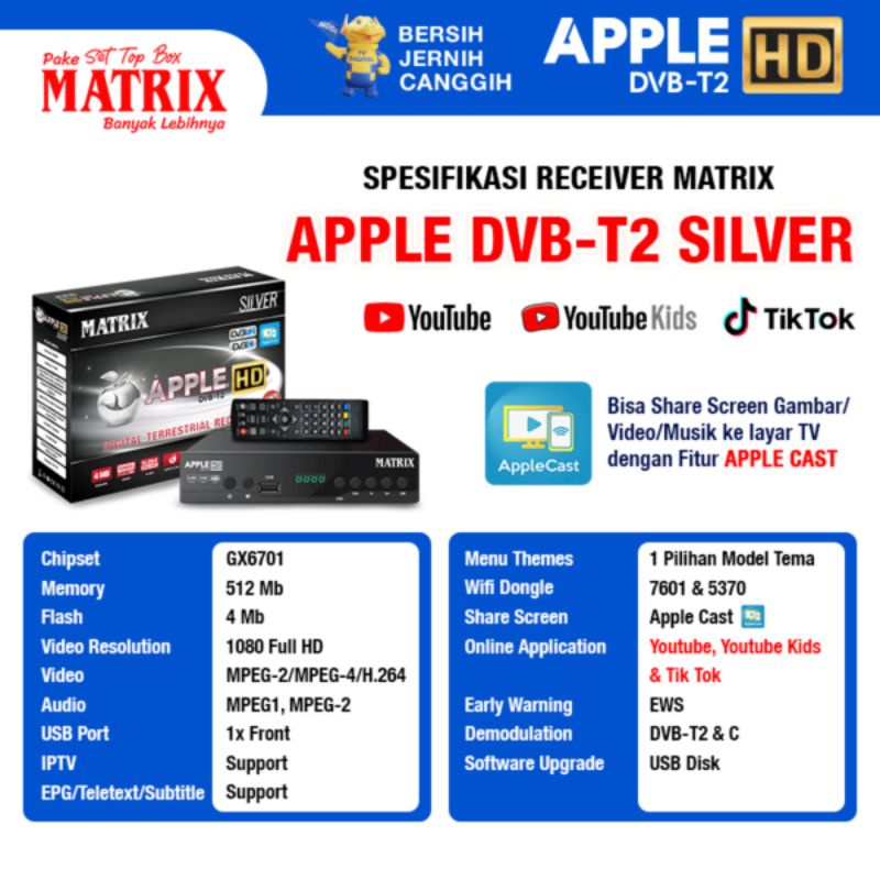 Set Top Box Tv Digital Matrix Apple HD Silver DVB T2 /EWS / set top box dvb t2 / set box tv digital / box tv digital / set top box tv tabung / stb dvb t2 / setopbox