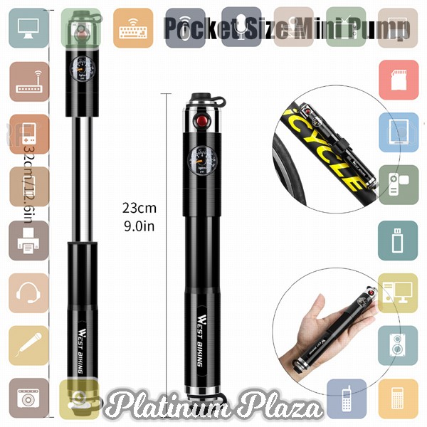 West Biking Pompa Angin Ban Sepeda Mini Portable 160PSI with Pressure Gauge Baromete`2E3TZN-- Silver