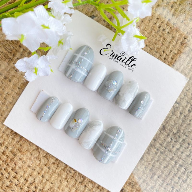 PREMIUM NAIL GEL | GRAY WHITE PRESS ON NAILS | CUSTOM NAIL ART
