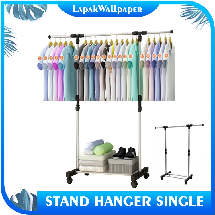 stand hanger single rak baju stainless dekorasi rumah tangga gantungan baju roda