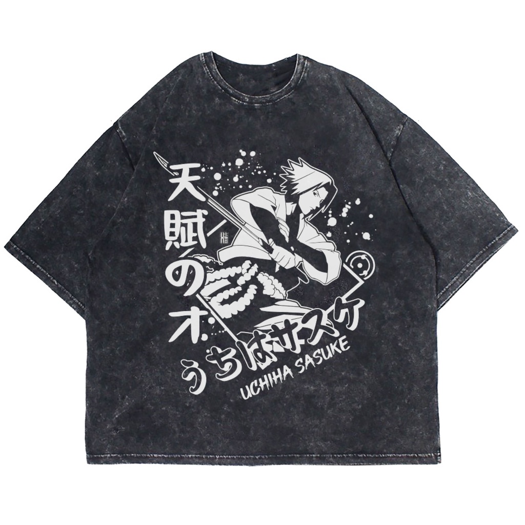 KAOS OVERSIZE ANIME UCHIHA SASUKE SWORD THUNDER WASHING VINTAGE TEE (T-SHIRT OVERSIZE WASHED)