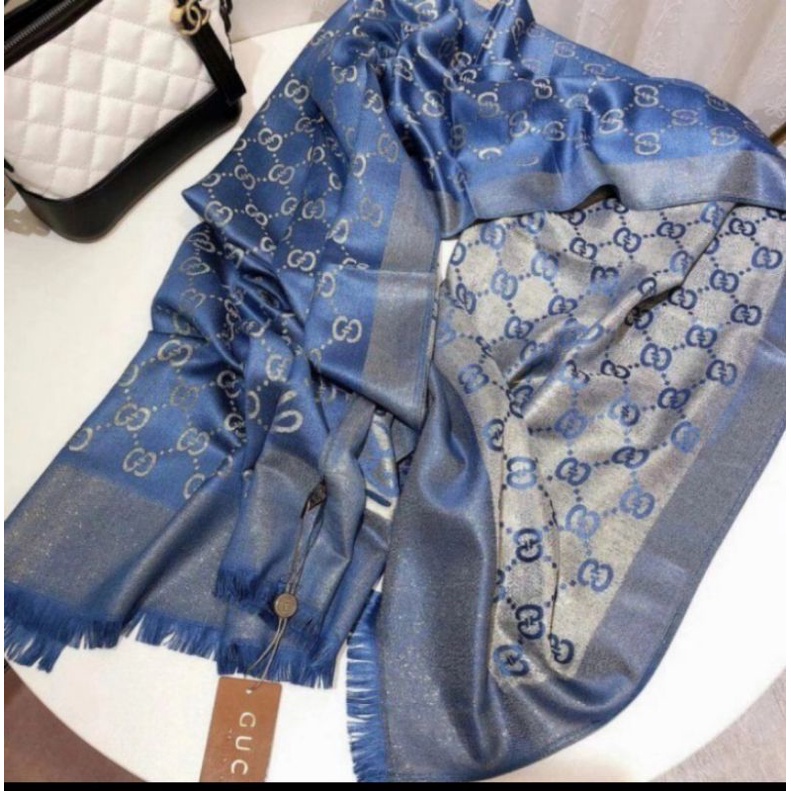 PASHMINA MOTIF GUCCI  || SYAL GLITER GUCCI || SLENDANG || PASHMINA || SHAWL || SELENDANG-Biru