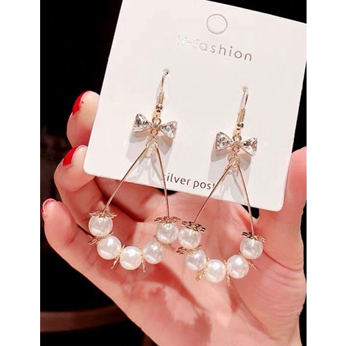 LRC Anting Fashion Golden Diamond-studded Pearl Butterfly Combined With Gold Earrings