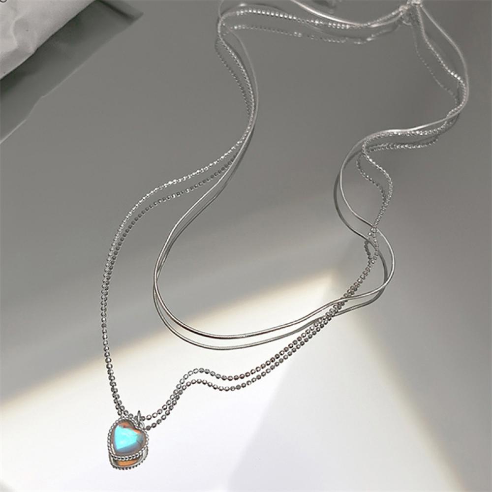 Timekey Kalung Choker Rantai Silver Wanita Liontin Hati Hias Moonstone Untuk Pesta Pernikahan E6Y5