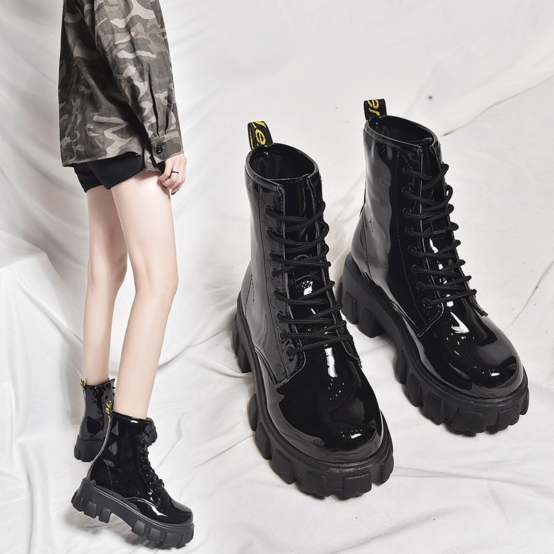 Sepatu Ankle Boots Docmart Wanita Import Korea Bot Kulit Paten Tali Karet Murah Hitam Big Size Korean Style Black Platform Booties - Ukuran 35 36 37 38 39 40 41