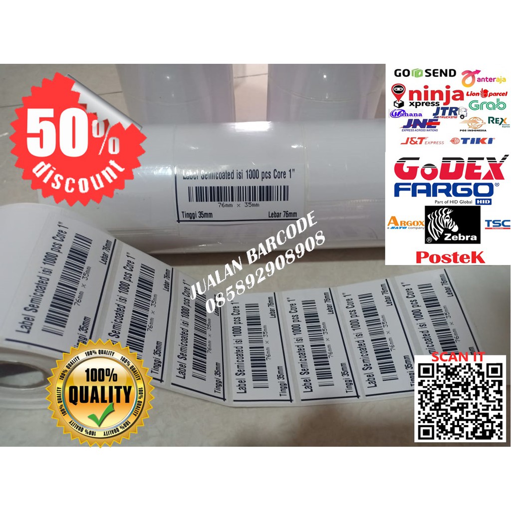 

STIKER LABEL BARCODE SEMICOATED 76 X 35 GAP CORE 1" PAKAI PORPORASI ISI 1000 PCS