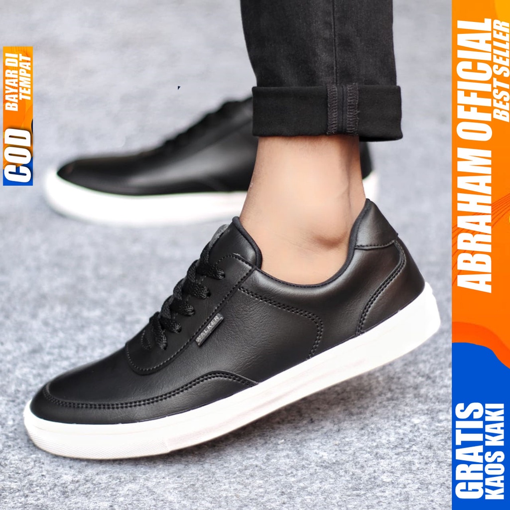 Sepatu Casual Pria Sneakers Hitam Kasual Kulit Pu Kekinian Kerja Kuliah Kantor Fashion Shoes Terbaru