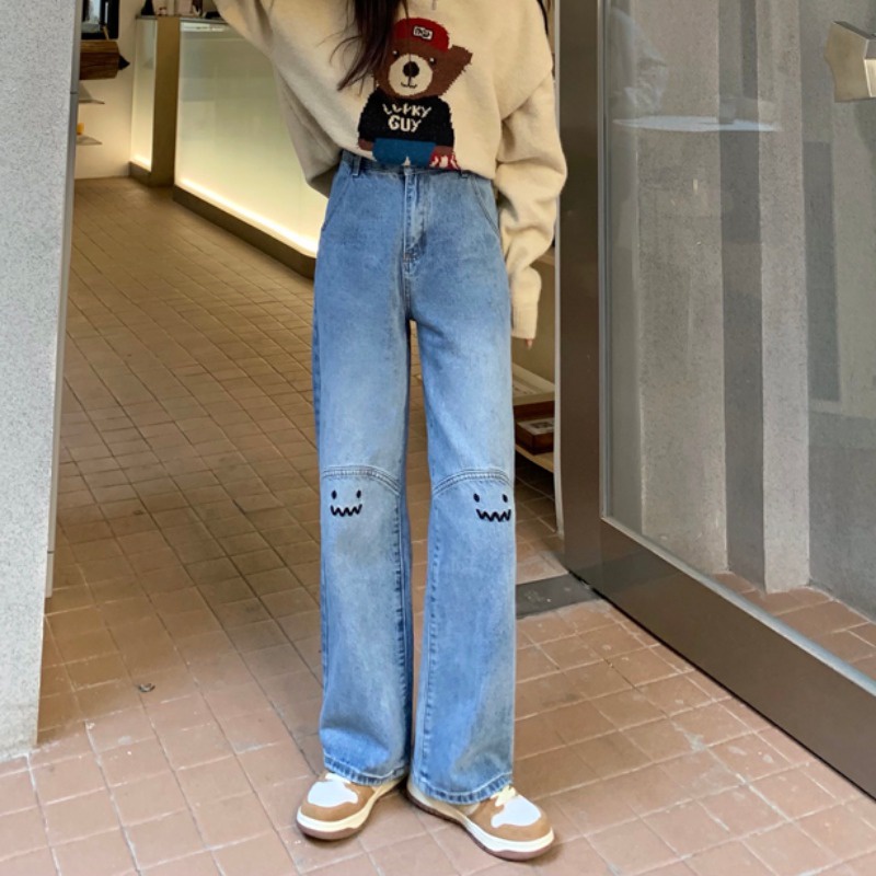 New Korean Diimpor Biru Celana Panjang Perempuan High-Waist Lurus-Kaki Bergaya Celana Jeans Wanita