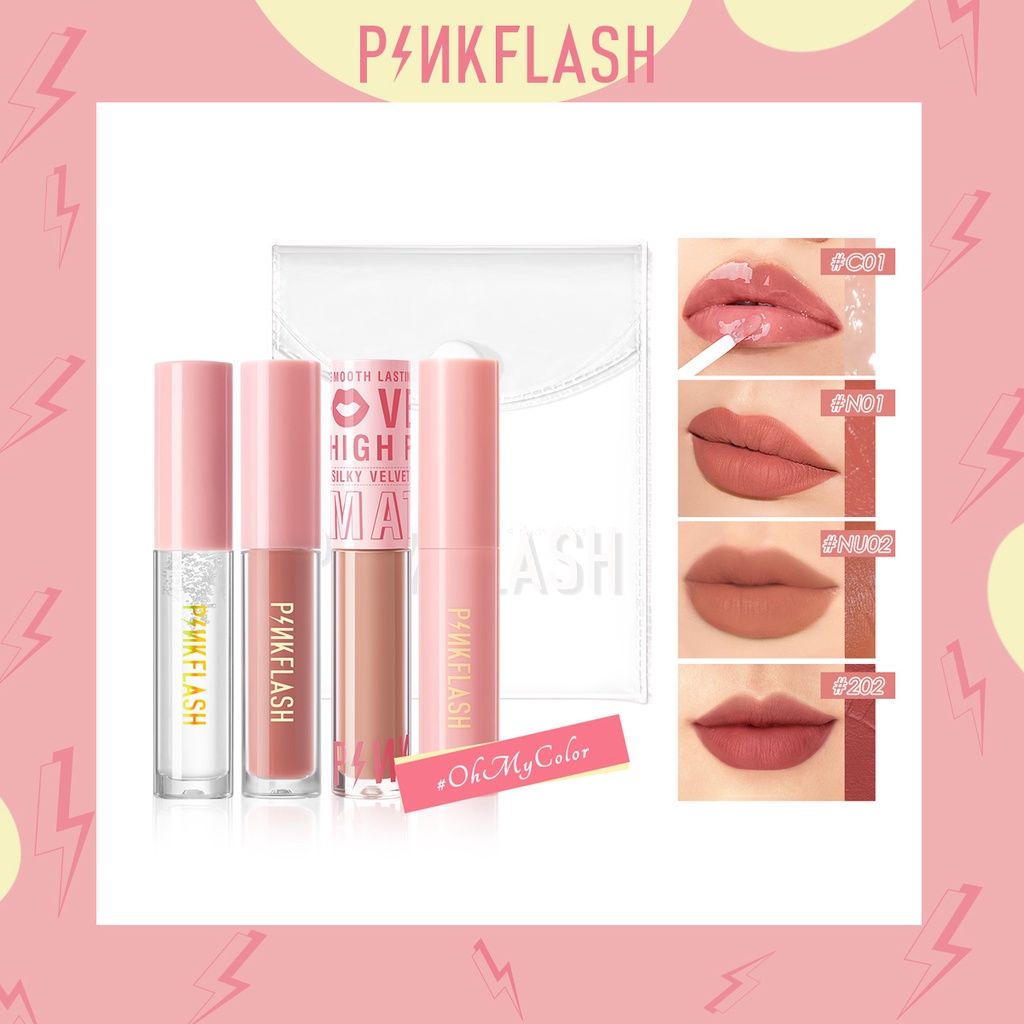 PINKFLASH 4 Pcs Hottest Lipstick Set Velvet Matte Lipstick Moisturizing Lip Gloss Waterproof Lasting Lipstick Set