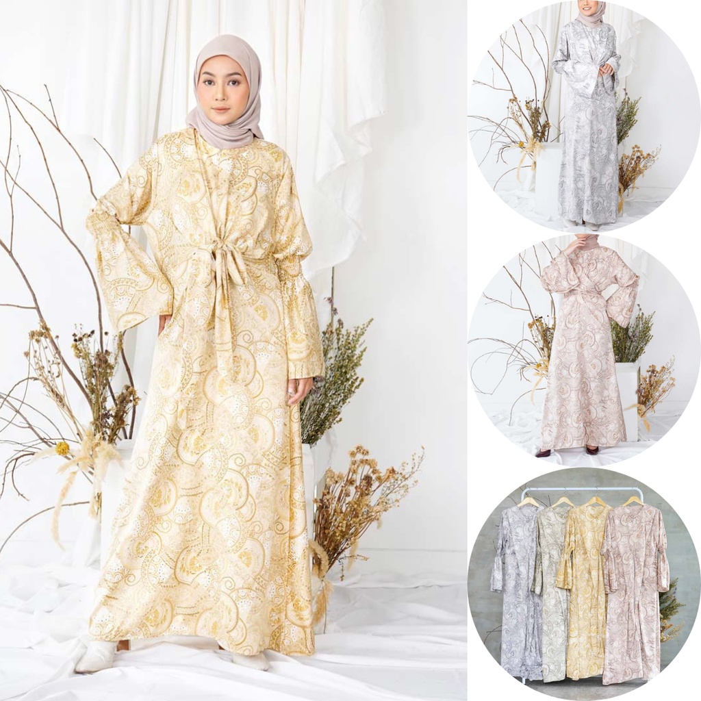 MAXI LONG DRESS CASUAL SATIN O-NECK LENGAN PANJANG FATIN LEBARAN