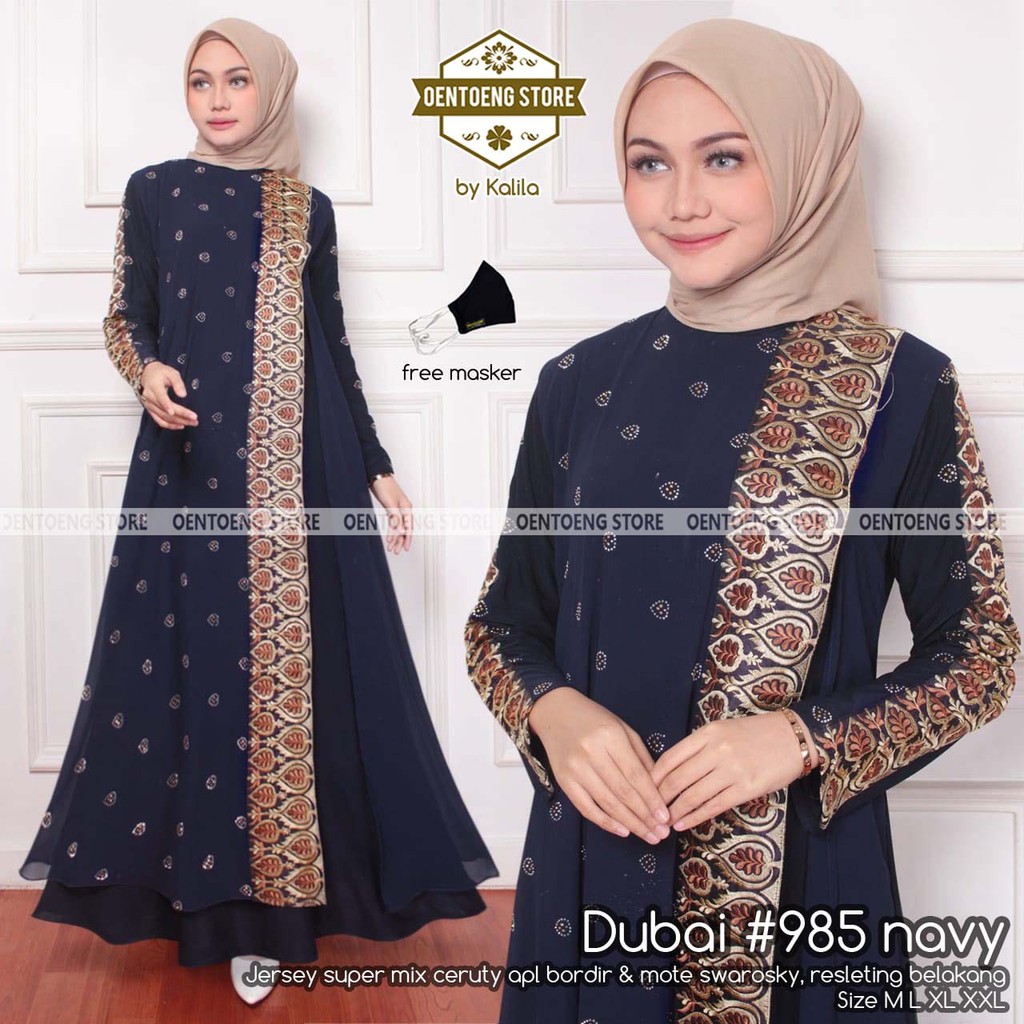 [COD] Gamis wanita cantik mewah kekinian terbaru. Abaya Dubai premium halus #985 Navy Oentoeng