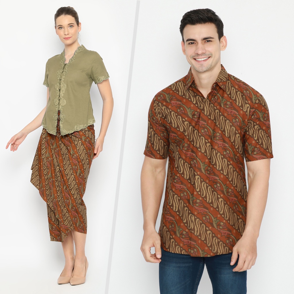 BATIK COUPLE MODERN Kemeja Rok Lilit Instan Batik Pria Lengan Pendek Premium Motif Parang Oange 721060 CAP 72