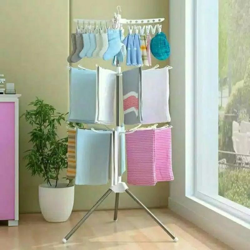 JEMURAN MENARA BAJU BAYI SUSUN 3 TRIPOD DENGAN HANGER ROTASI