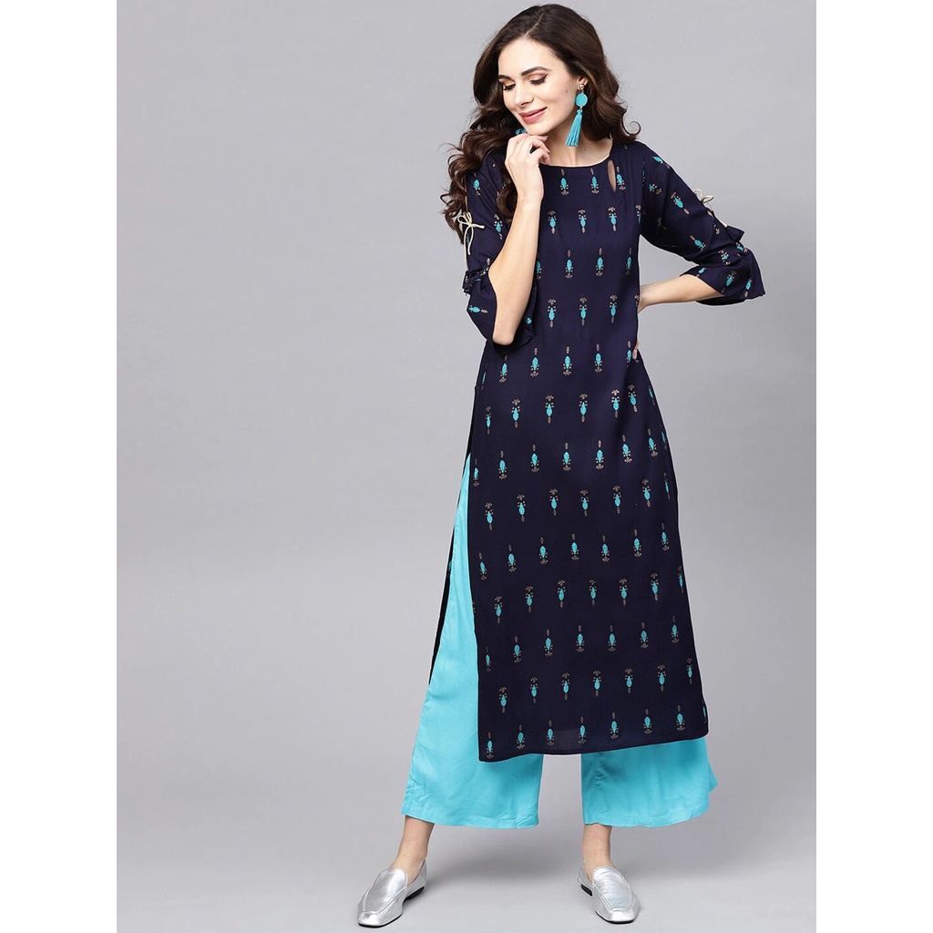 Kurti Libas Warna Navy Blue &amp; Sea Green Set Dengan Celana Palazzos / Kurti Set Asli / Anarkali Asli / Baju Lebaran Cantik / Baju Wanita India
