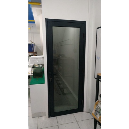 kusen pintu alumunium kaca riben, kaca es 5 mm, tirai pvc tomang jakarta barat