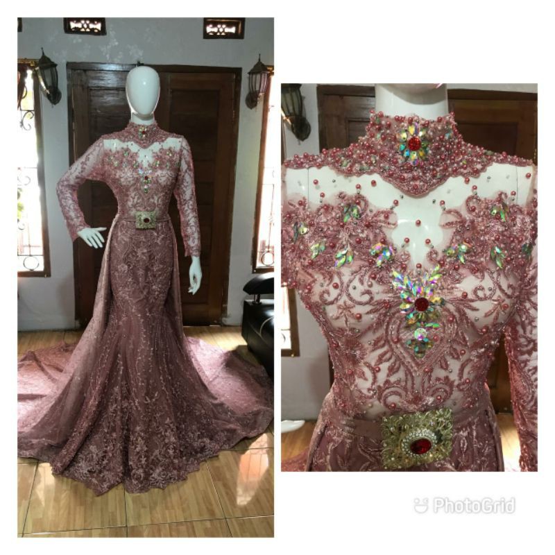 gaun pengantin brukat brokat bawah duyung ekor panjang tidak termasuk bros